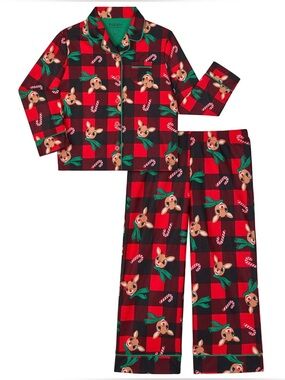 🌸NEW Kids Red Plaid Rudolf The Red Nose Reindeer Pajama Set Size Large 10-12